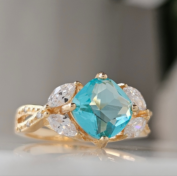 Blue and Teal Aquamarine Cushion Square ring, 925 Sterling Silver Charmed Aroma - Picture 4 of 7